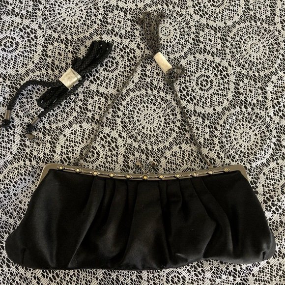 Vintage Black Satin Evening Bag Purse with Rhinestones - Picture 1 of 11